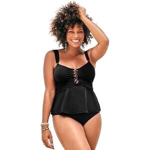 NWT Swimsuits For All 18 Underwire Shirred Ring Bandeau Tankini Top Black 128442